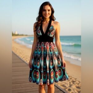 📦 REDUCED! Peacock Print Halter Dress